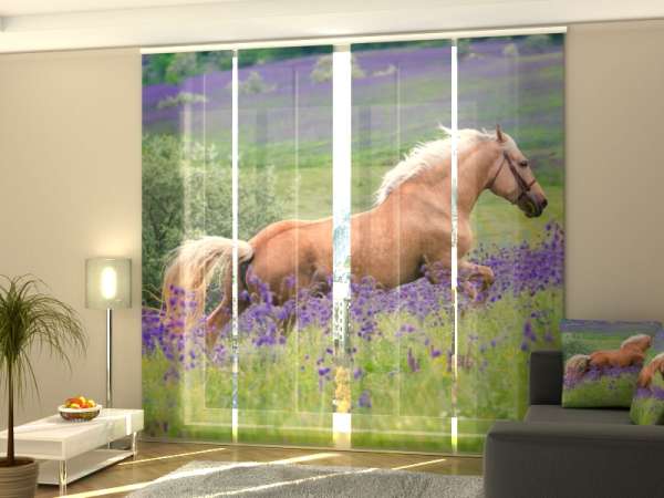 Rideau coulissant (1-4 pcs.) : CHEVAL PALOMINO DANS CHAMP DE FLEURS