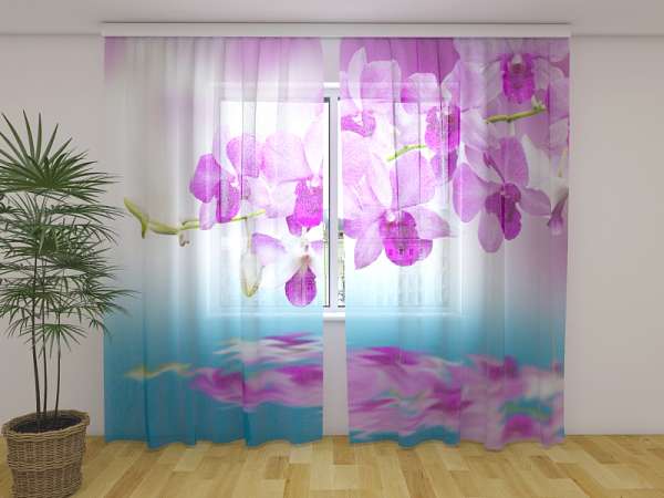 Rideau en mousseline : REFLET D'EAU D'ORCHIDÉES VIOLES