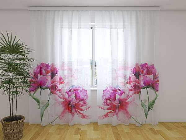 Rideau en mousseline : PIVOINES AQUARELLES