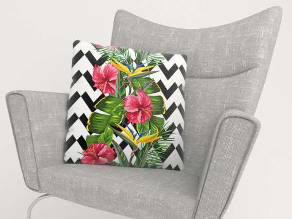 Housse de coussin : FEUILLES TROPICALES ET HIBISCUS