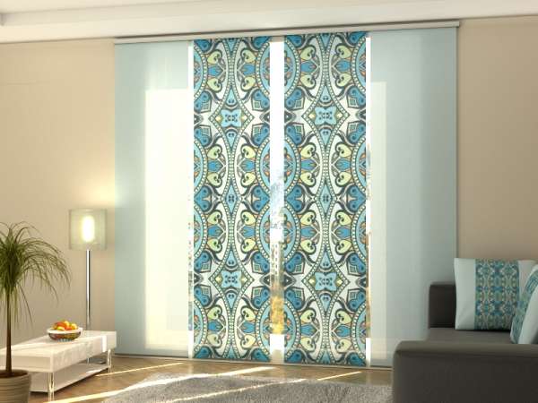 Rideau coulissant (1-4 pcs.) : ORNEMENTS AZTÈQUES BLEU