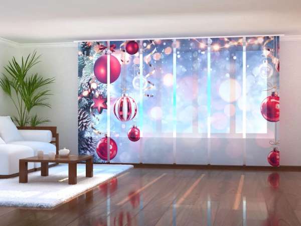 Rideau coulissant (1-6 pcs.) : BOULES ET CÔNES DE NOËL ROUGES