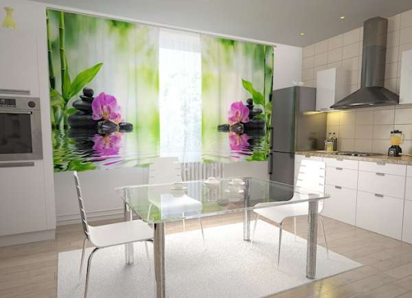 Rideau de cuisine : ORCHIDÉES ET PIERRES REFLET D'EAU