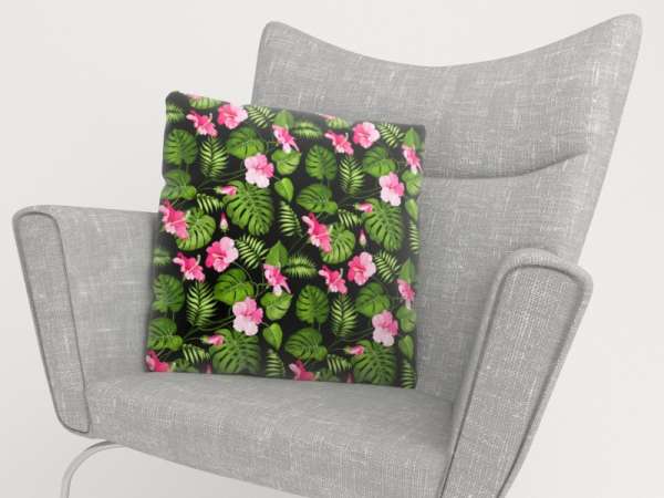 Housse de coussin : FLEURS TROPICALES SUR NOIR