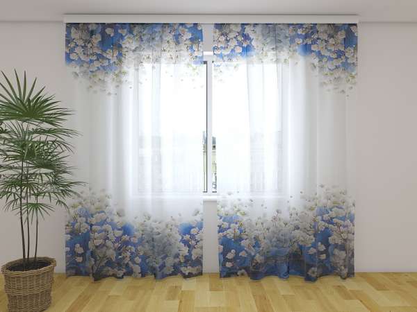Rideau en mousseline : HORTENSIAS BLEUS