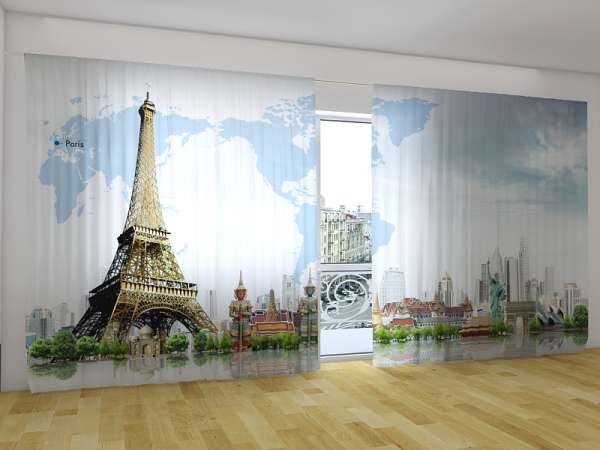 Rideau grand format : CARTE DU MONDE AVEC TOUR EIFFEL