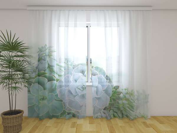 Rideau en mousseline : FLEURS BLEU-VERT