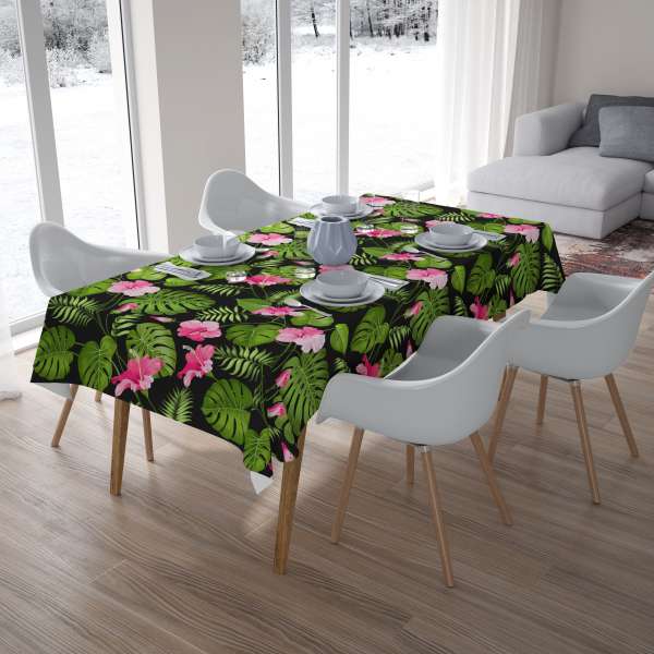 Nappe de table : FLEURS TROPICALES SUR NOIR