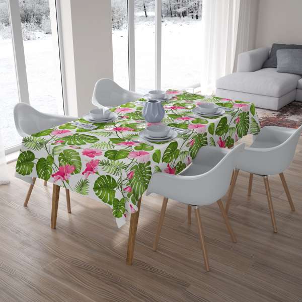 Nappe de table : FLEURS TROPICALES SUR BLANC