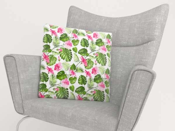 Housse de coussin : FLEURS TROPICALES SUR BLANC