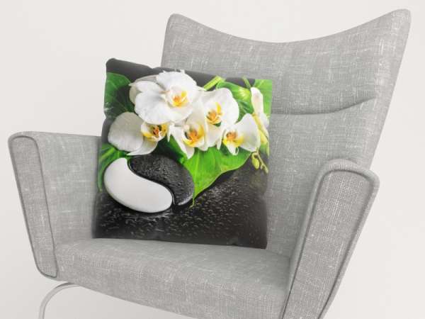Housse de coussin : ORCHIDÉES BLANCHES ET PIERRES YIN-YANG