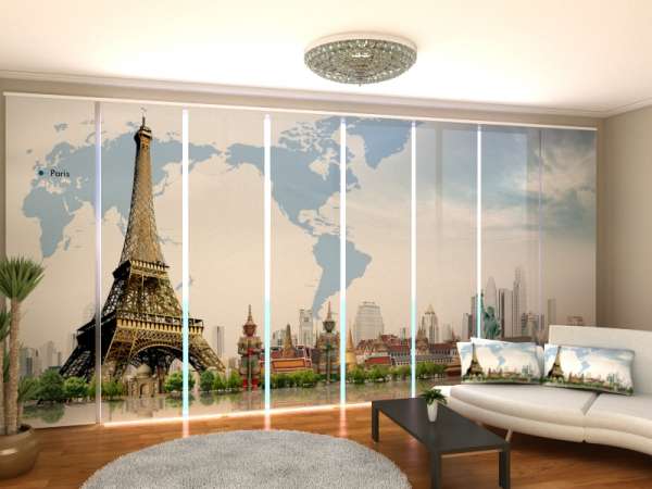 Rideau coulissant (1-8 pcs.) : CARTE DU MONDE AVEC TOUR EIFFEL