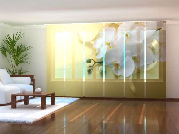 Rideau coulissant (1-6 pcs.) : ORCHIDÉES SUR FOND DORÉ