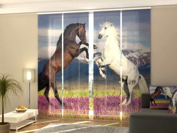 Rideau coulissant (1-4 pcs.) : CHEVAUX DANS LE CHAMP DE LAVANDE