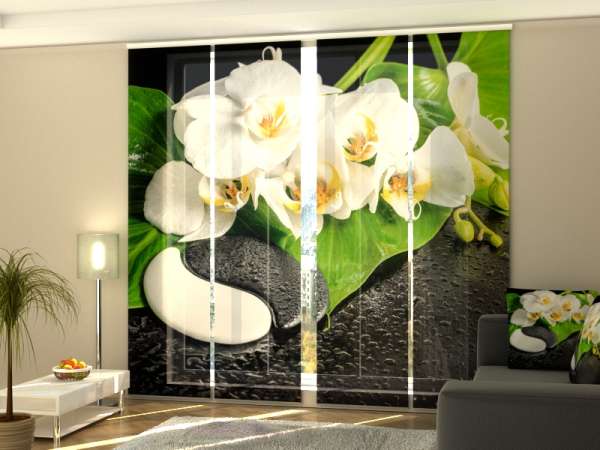 Rideau coulissant (1-4 pcs.) : ORCHIDÉES BLANCHES ET PIERRES YIN-YANG