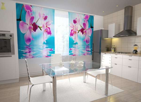 Rideau de cuisine : REFLET D'EAU D'ORCHIDÉES VIOLES