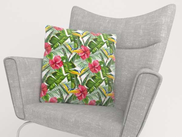Housse de coussin : FEUILLES TROPICALES ET STRELITIAS