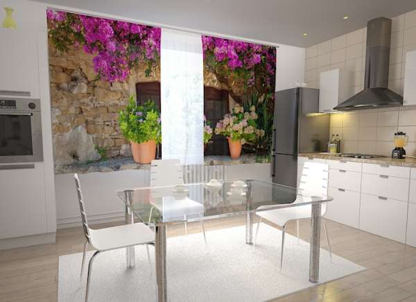 Rideau de cuisine : MUR AVEC FLEURS EN POT