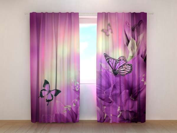Rideau imprimé : FLEURS VIOLES ET PAPILLONS