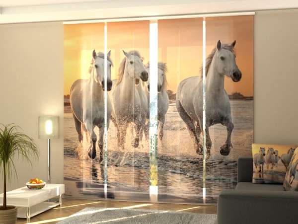 Rideau coulissant (1-4 pcs.) : CHEVAUX BLANCS AU COUCHER DU SOLEIL