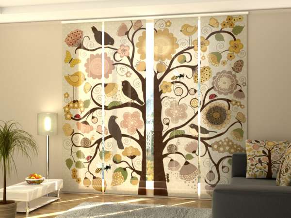 Rideau coulissant (1-4 pcs.) : ARBRE AVEC DES OISEAUX
