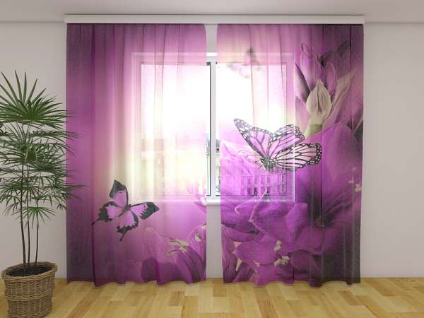 Rideau en mousseline : FLEURS VIOLES ET PAPILLONS