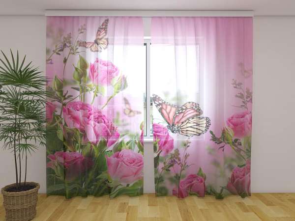 Rideau en mousseline : PAPILLONS ET ROSES