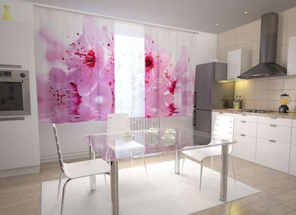 Rideau de cuisine : REFLET D'EAU DE FLEUR DE CERISIER