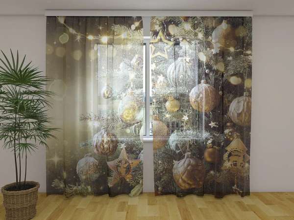 Rideau en mousseline : ARBRE DE NOËL AVEC BOULES DORÉES