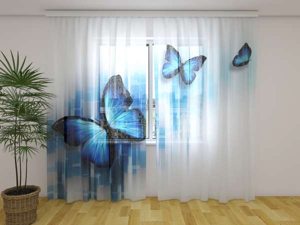 Rideau en mousseline : PAPILLONS BLEU