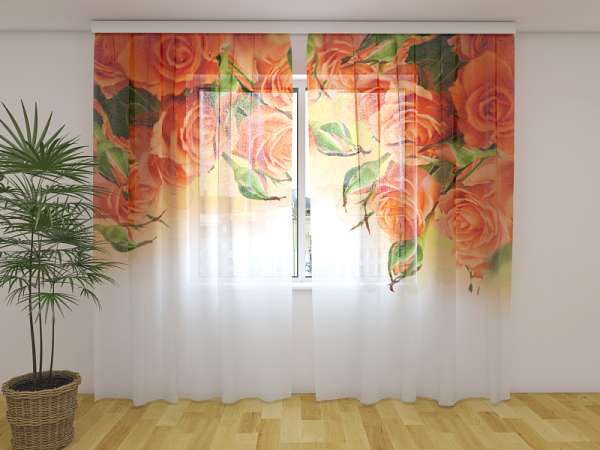 Rideau en mousseline : ROSES ORANGES