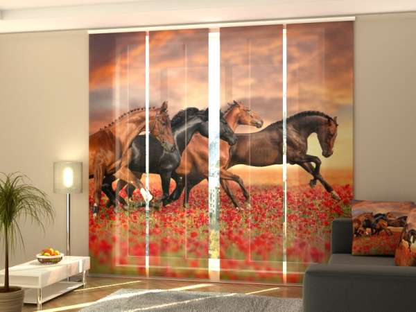 Rideau coulissant (1-4 pcs.) : CHEVAUX DANS LE CHAMP DE COQUELICOT