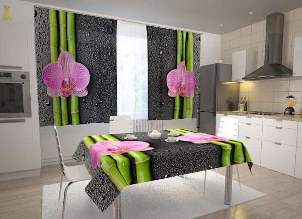 Rideau de cuisine : ORCHIDÉES ET BAMBOUS